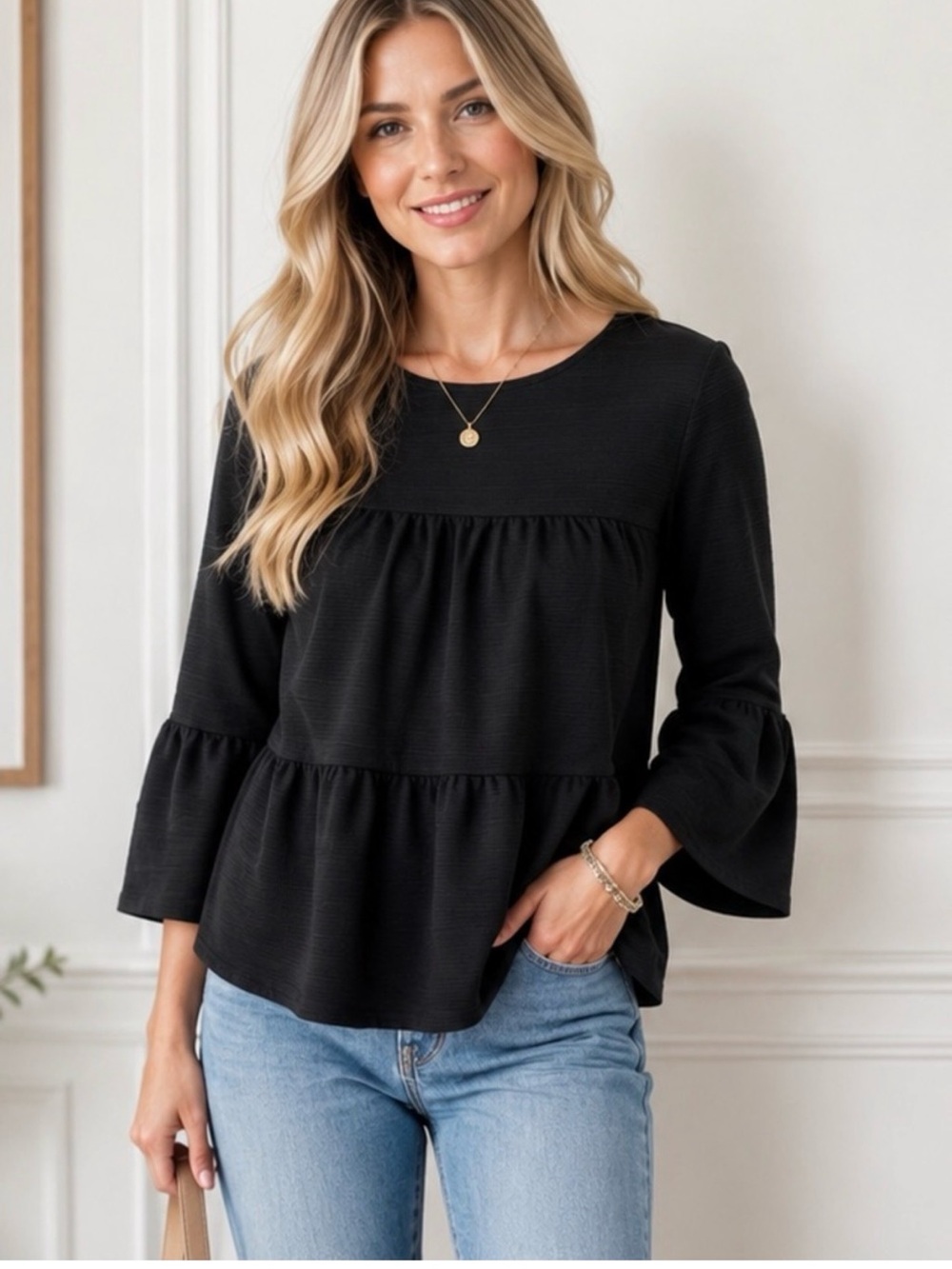 J. Crew Black Tiered Ruffle Long-Sleeve Tunic